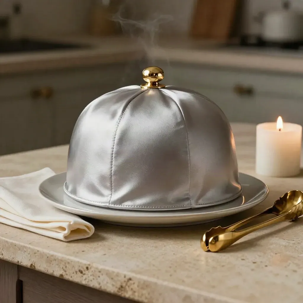 Cloche satinata d’argento su sottopiatto in pietra con tovagliolo, candela spenta e pinze da servizio.