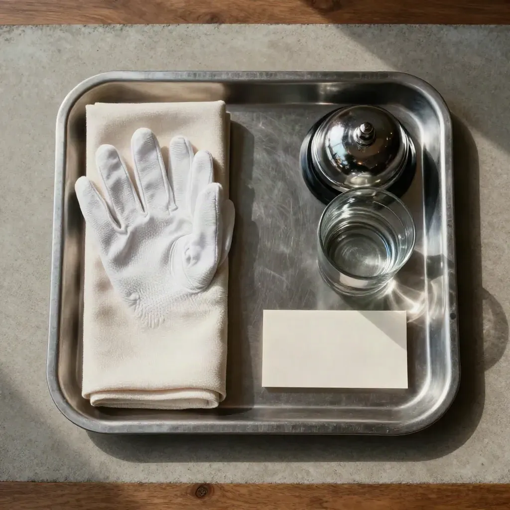 Vassoio hospitality in metallo satinato con tovaglioli piegati, guanti bianchi, campanello e bicchiere.