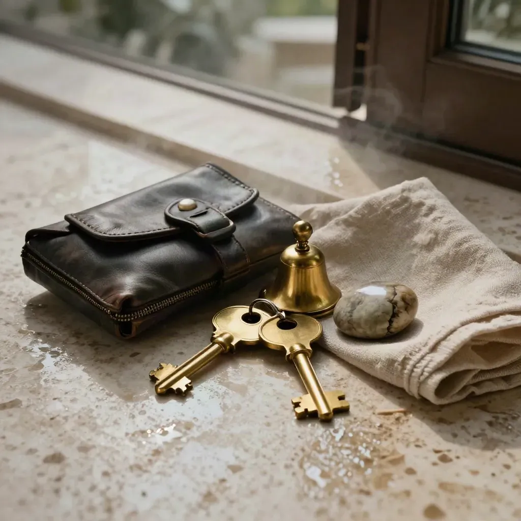 Chiavi in ottone, custodia accessi, panno di lino, campanello e pietra levigata su travertino umido.