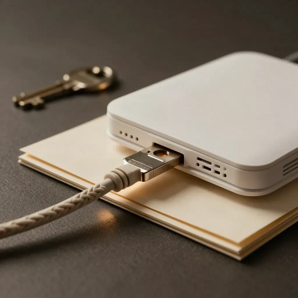 Kit tecnico premium con modem bianco, cavo intrecciato e chiave metallica su fondo scuro.
