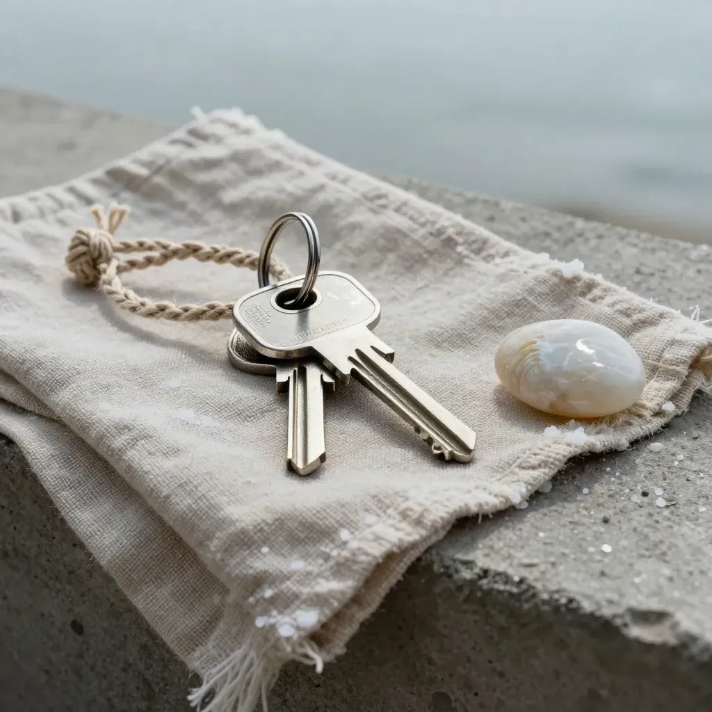 Chiavi stagionali, cordino in lino, pietra e conchiglia su cemento ruvido, luce marina morbida.