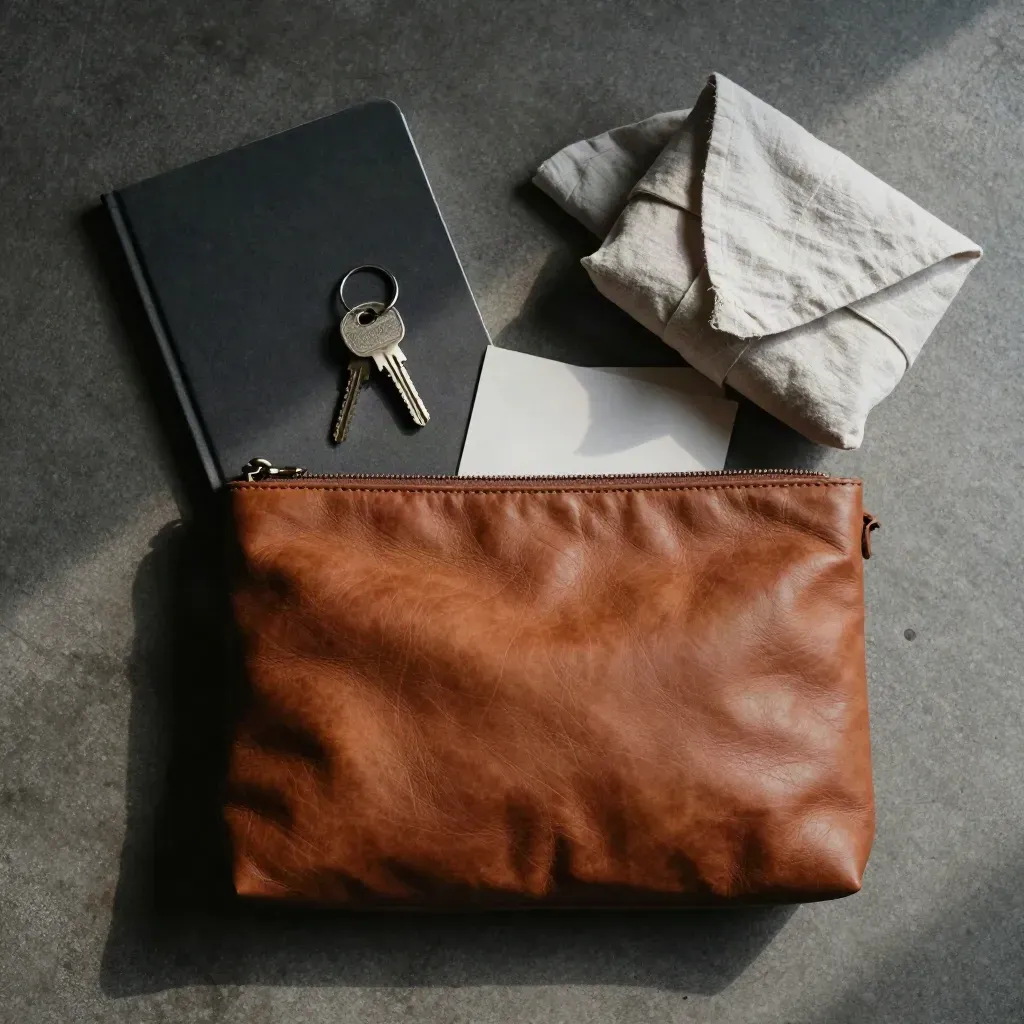 Pouch in pelle, chiavi, taccuino chiuso, panno e pacchetto ordinato su lastra di cemento.